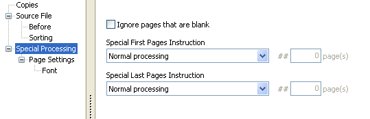 Print parameter properties dialog. Special processing is selected from the tree on the left. On the right, there is a checkbox to ignore pages that are blank and rules for special first pages and special last pages.